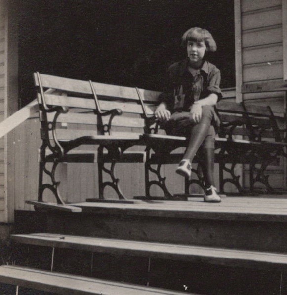 1930s Girl Sitting Porch Bench Childhood Portrait Home Family Life