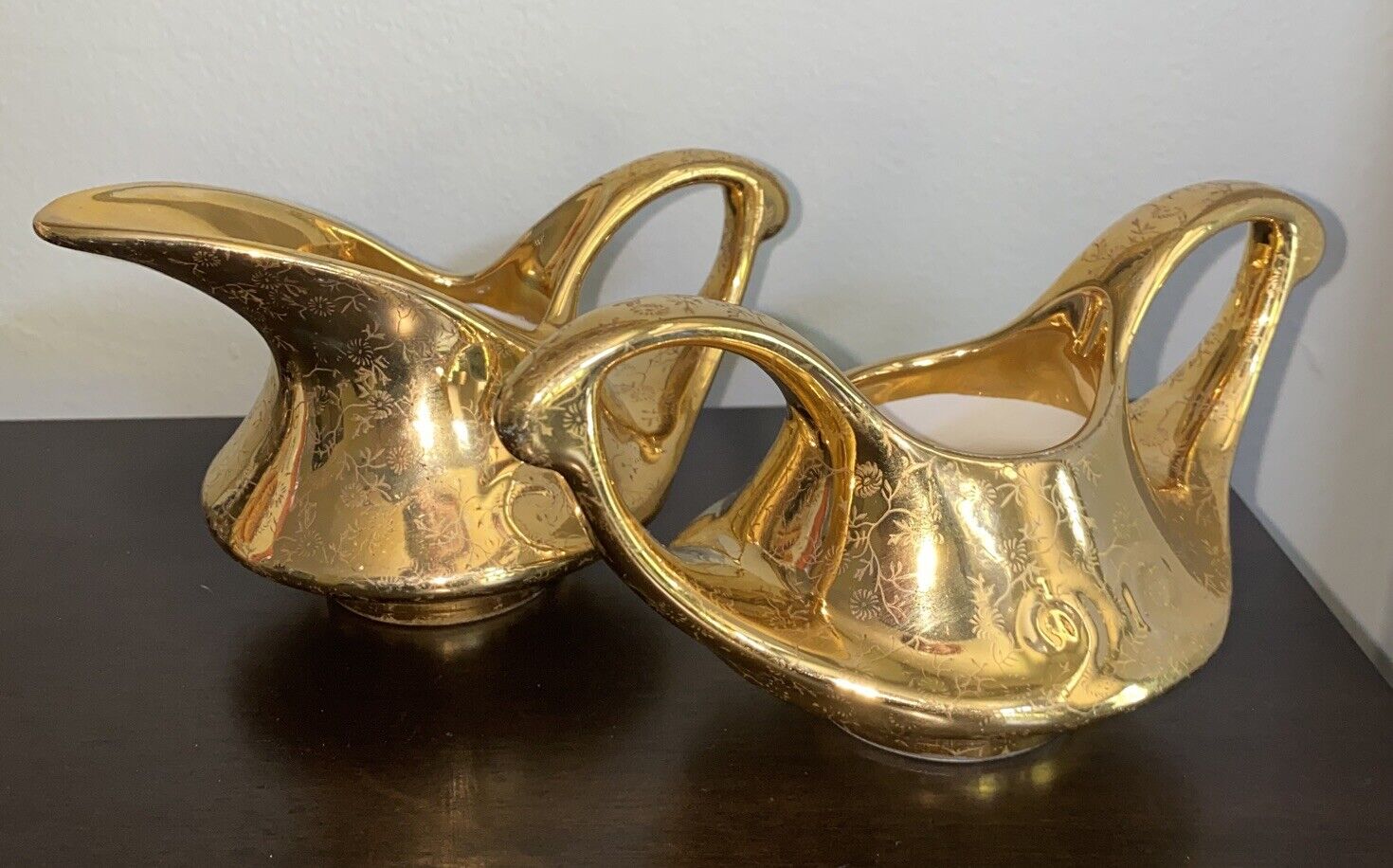 Pair of 22k Gold ART DECO Cream & Sugar Set Floral Bowl Cup VINTAGE Made In USA