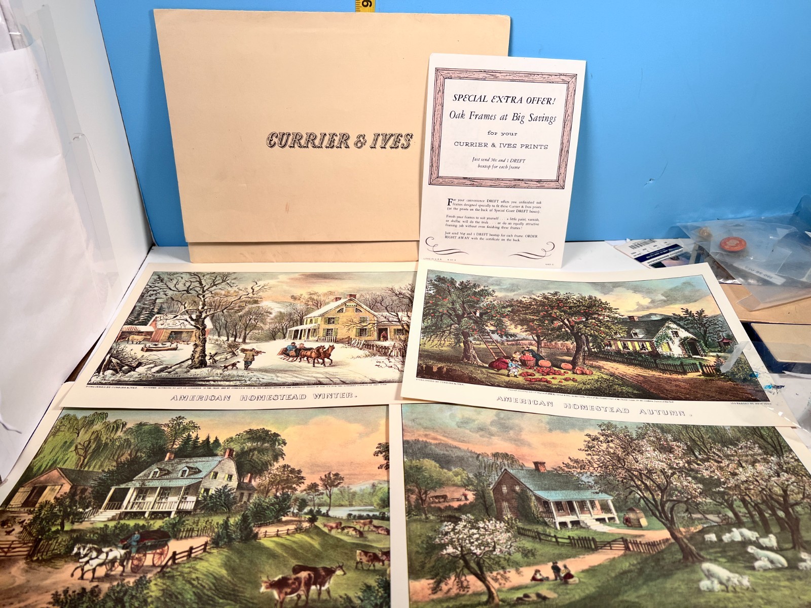 4 Currier & Ives Advertising Prints w/Envelope & Brochure 1957 DREFT Frames