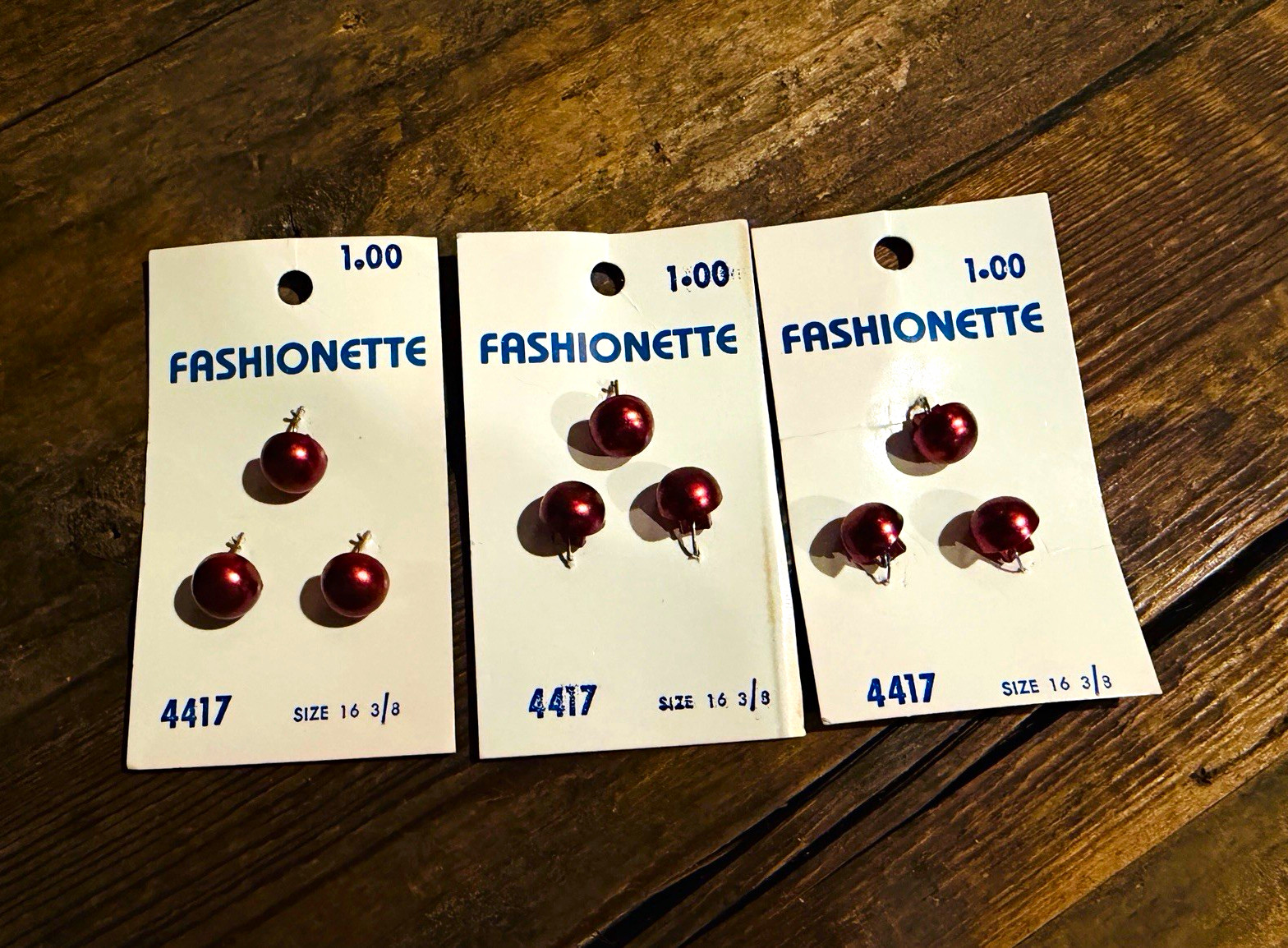 NOS- 3 Vtg Fashionette #4417 Complete Burgundy Faux Pearl Button Cards 16 3/8”