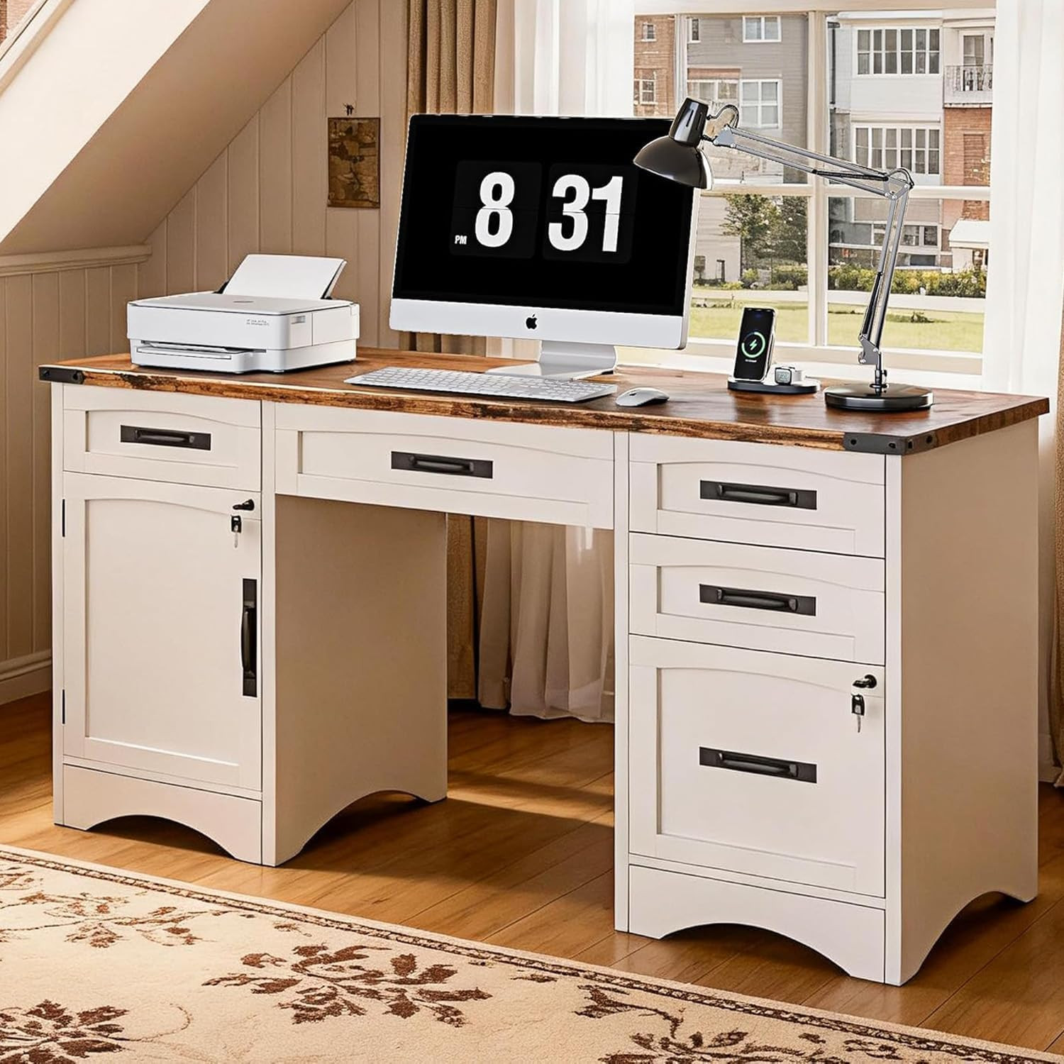 Farmhouse Computer Desk with 5 Drawers and Power Outlets Farmhouse Computer Desk with 5 Drawers and Power Outlets