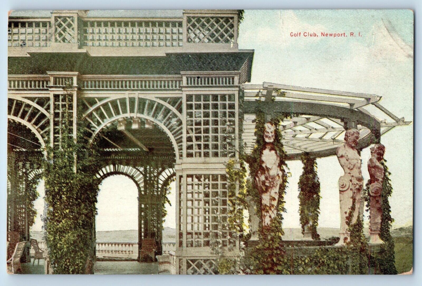 Newport Rhode Island Postcard Golf Club Scenic View Statue 1910 Vintage Unposted