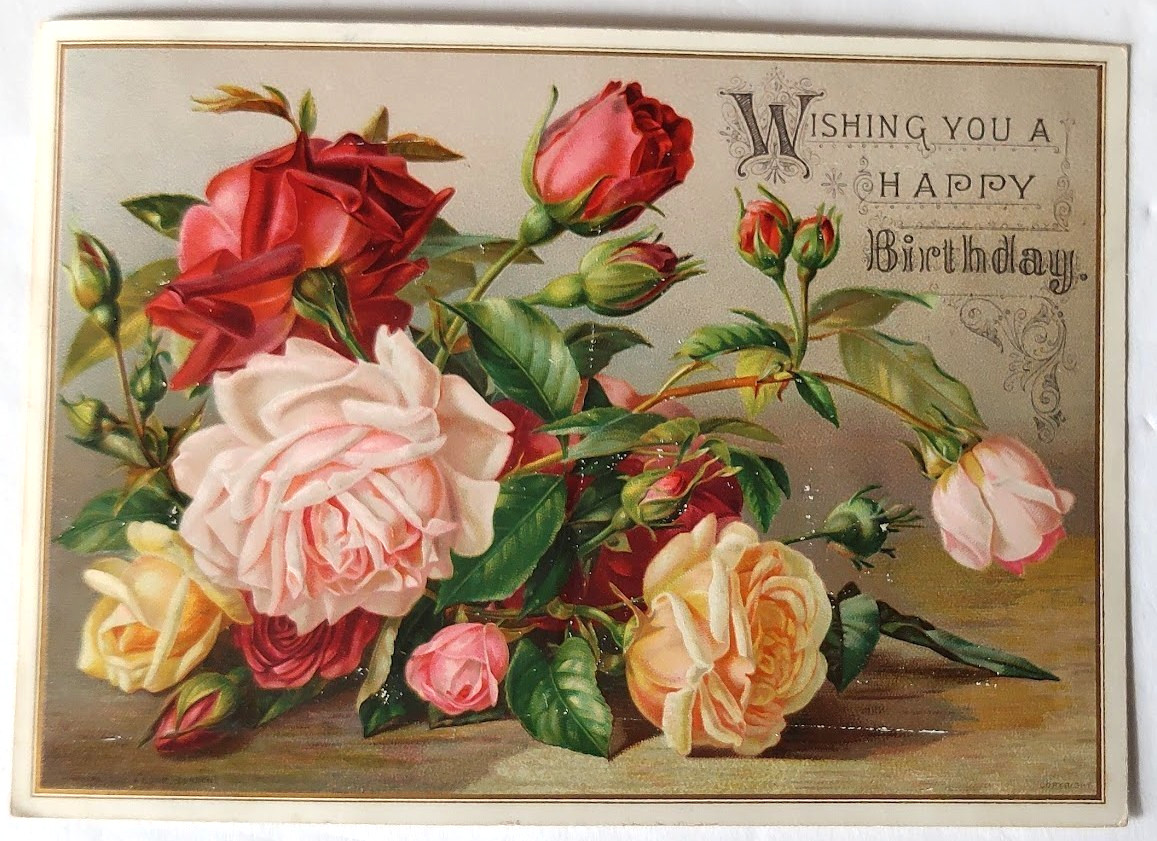 LG c 1880s RAPHAEL TUCK BIRTHAY GREETINGS CARD ROSES FANNIE ROCHAT SENTIMENT