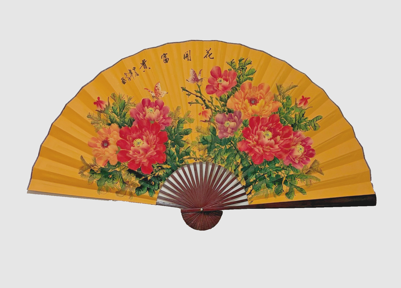 Large 64*35.5 Inch Oriental Wall Hanging Folding Fan with HandPaint Peony Flower
