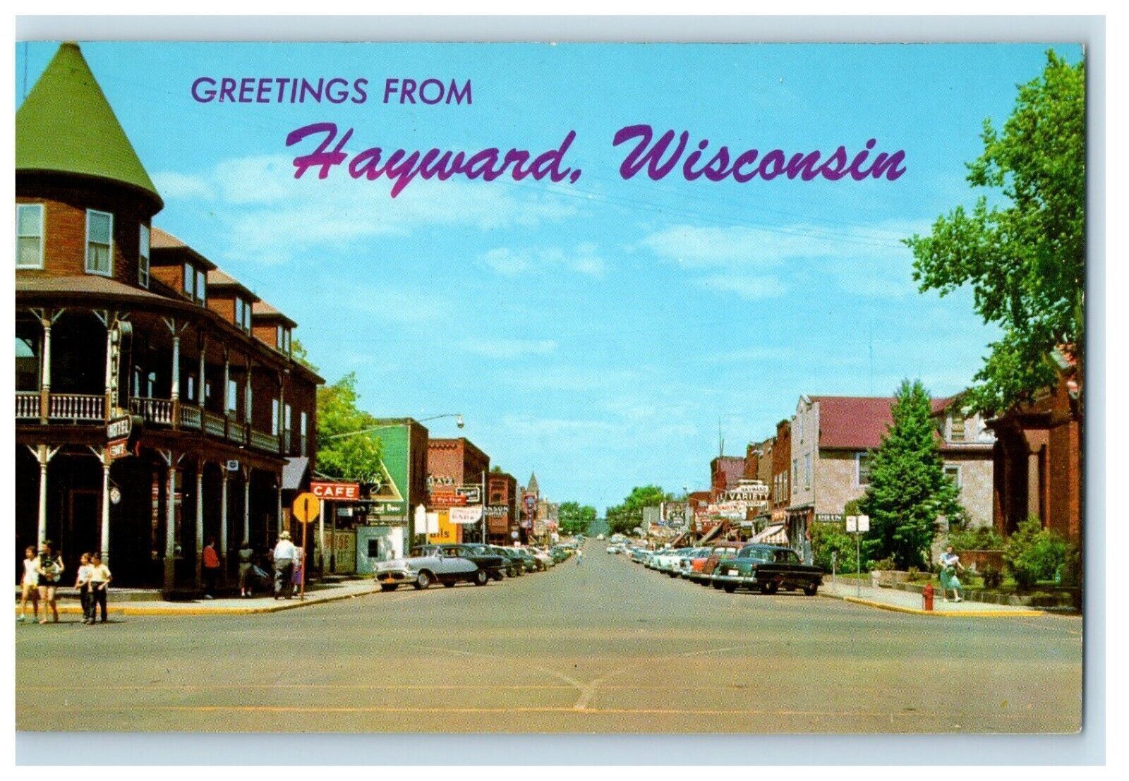 c1950's Greetings From Hayward Wisconsin WI, Street View Cars Vintage Postcard
