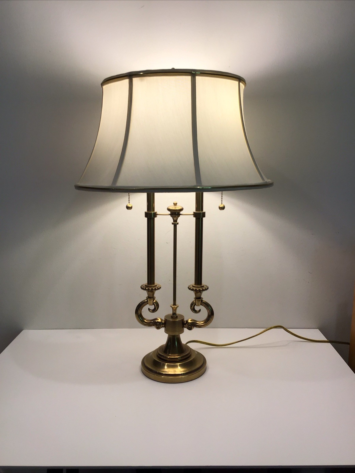 Vintge Stiffel Brass Double Candelabra & Pull Chain Table Lamp & Shade 28
