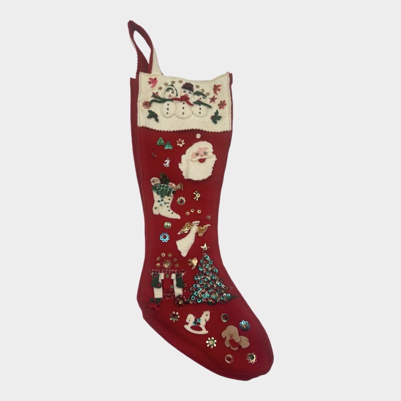 Jeweled Felt Christmas Stocking Santa Snowmen Sequin Applique Handmade Vintage Jeweled Felt Christmas Stocking Santa Snowmen Sequin Applique Handmade Vintage
