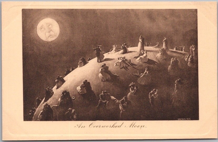 c1910s Romance Postcard Couples Dancing under Full Moon \
