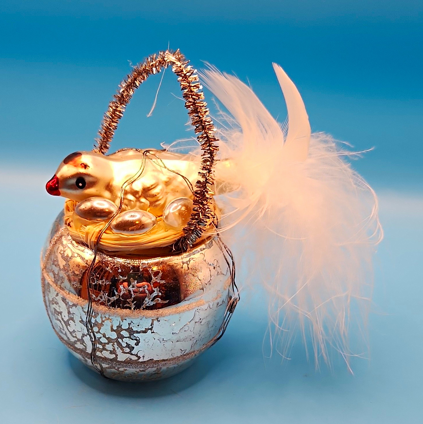 Antique 1920\'s German Mercury Glass Christmas Ornament wire wrapped bird nest 