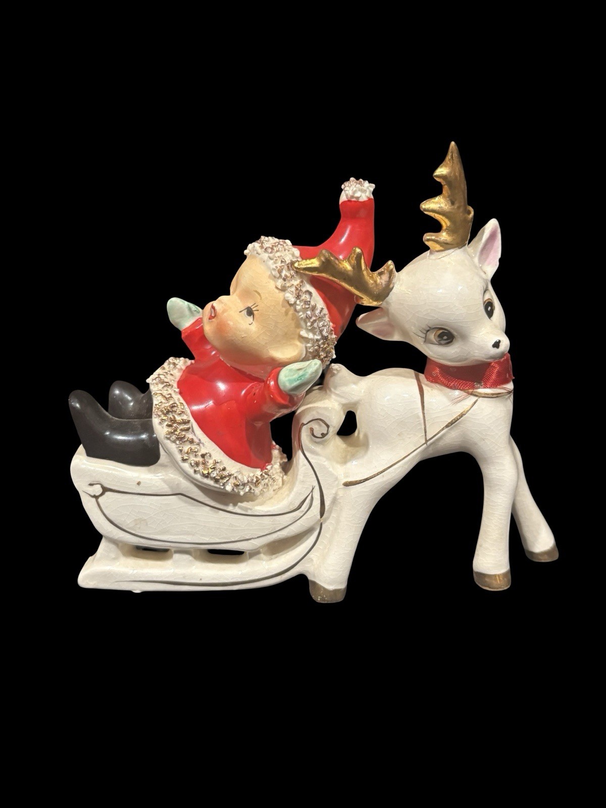 Vtg UCAGCO Christmas Pixie Elf Santa Sled Reindeer Spaghetti Trim Japan RARE