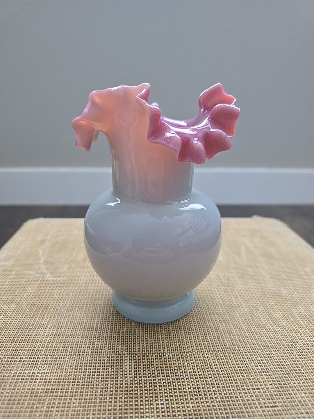 Vintage Bohemian Fireglow Art Glass Vase Pink Lined Top w Light Opaque Greyish 