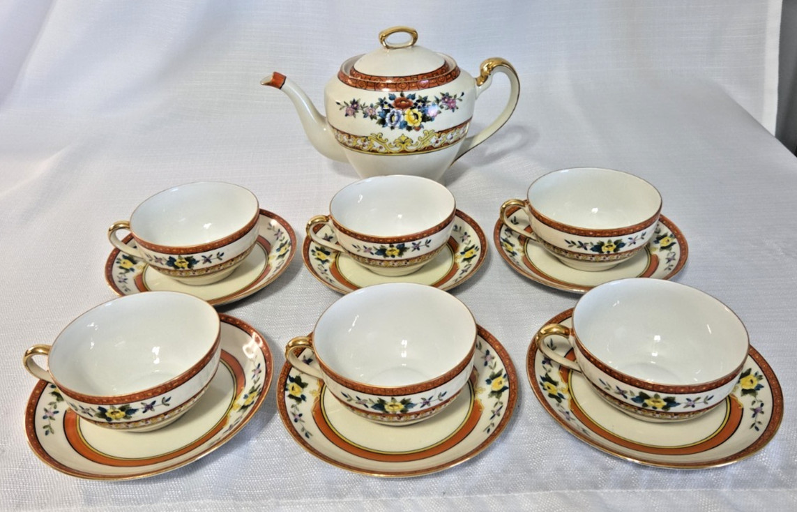 Antique Noritake Biarritz Tea Set Teapot 6 Cups Saucers Pattern 1921 Maruki Mark