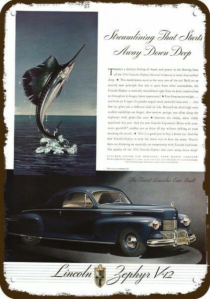 1942 LINCOLN ZEPHYR V-12 Car Marlin Vintage-Look DECORATIVE REPLICA METAL SIGN
