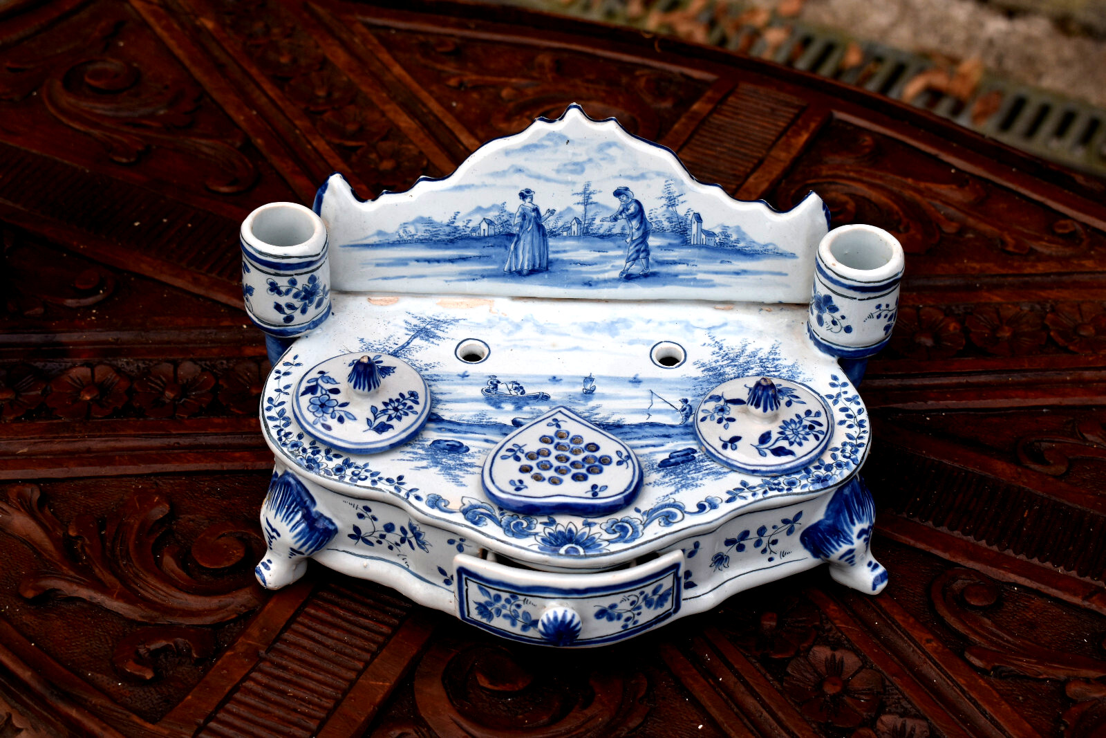 Antique earthenware delft blue white decor desk inwell marked rare