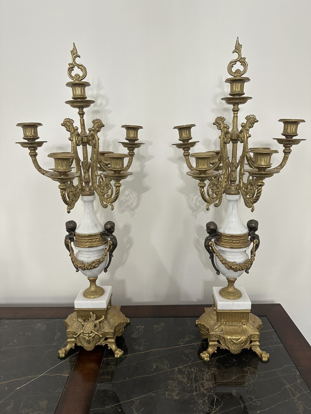 Pair Vintage Italian Brevettato Brass Marble 7 Light Candelabras Ornate