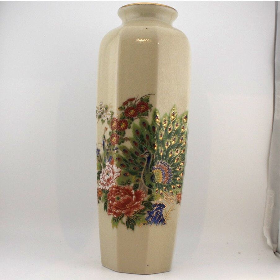 Oriental Vase Tall with Peacock and Flowers