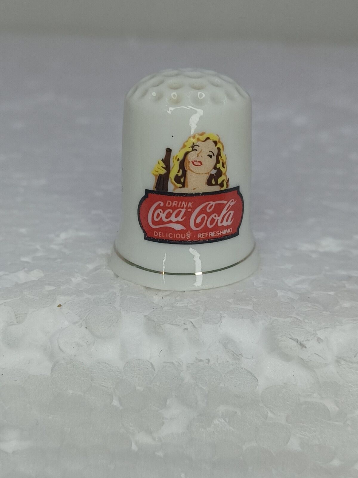 Coca-Cola Blonde Lady With Coca-Cola Bottle Advertising Ceramic Thimble