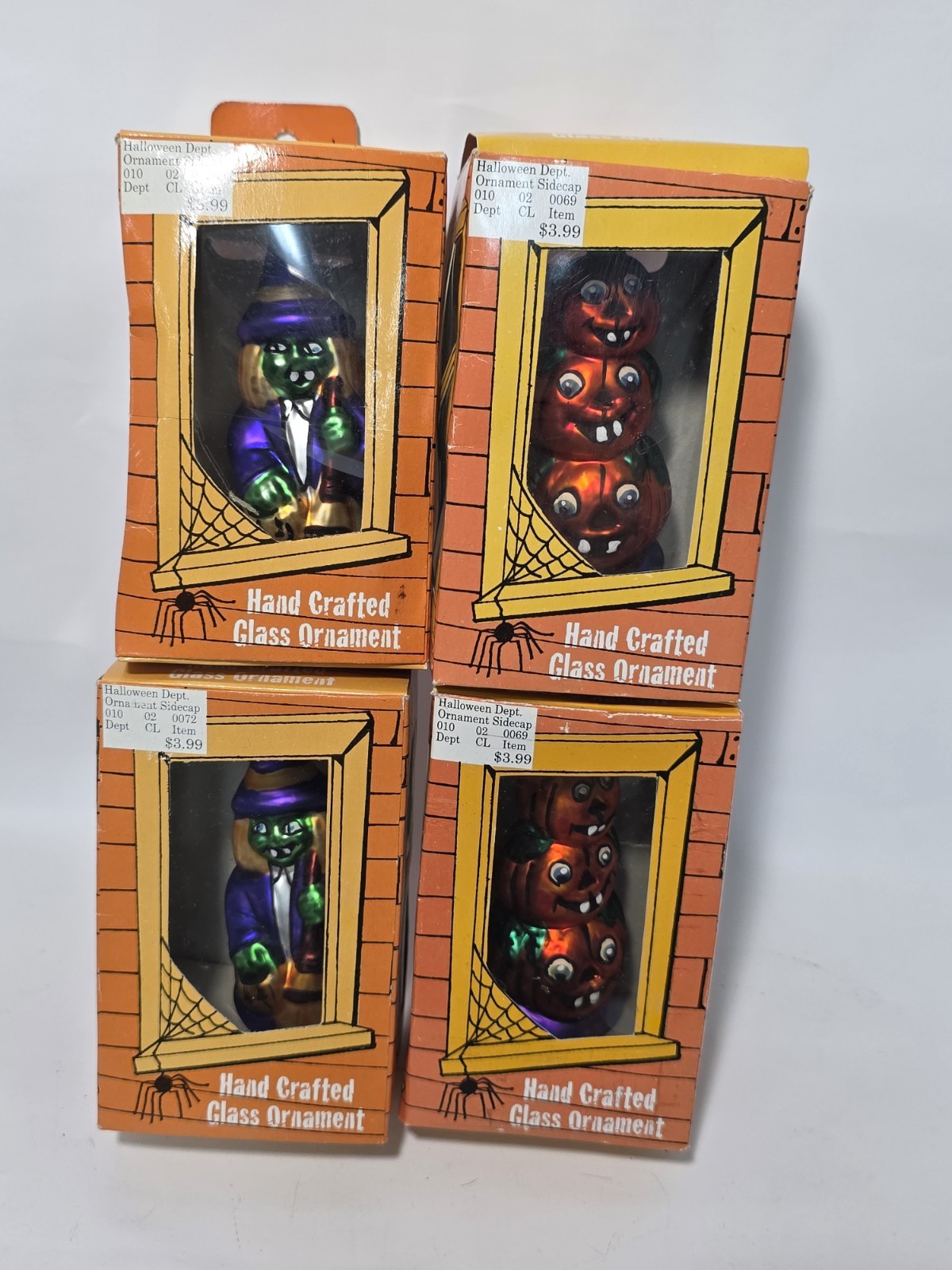 LOT Of 4 Vtg 2001 Halloween Hand Crafted Glass Ornaments Witch & Pumpkin Stack