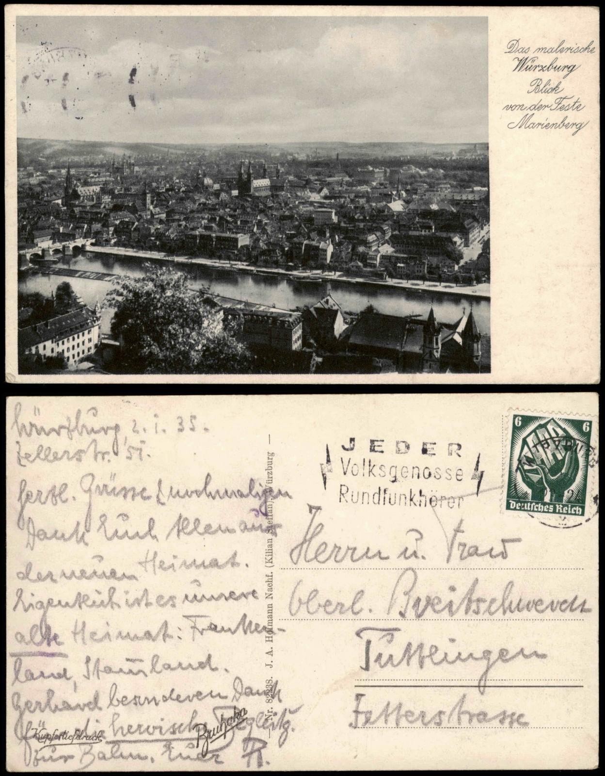 Postcard Würzburg view over the city-river 1934