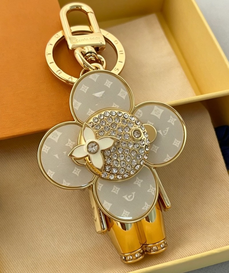 Cute Flower Doll Keychain Bag Charm Gold Tone with Sparkling Crystals