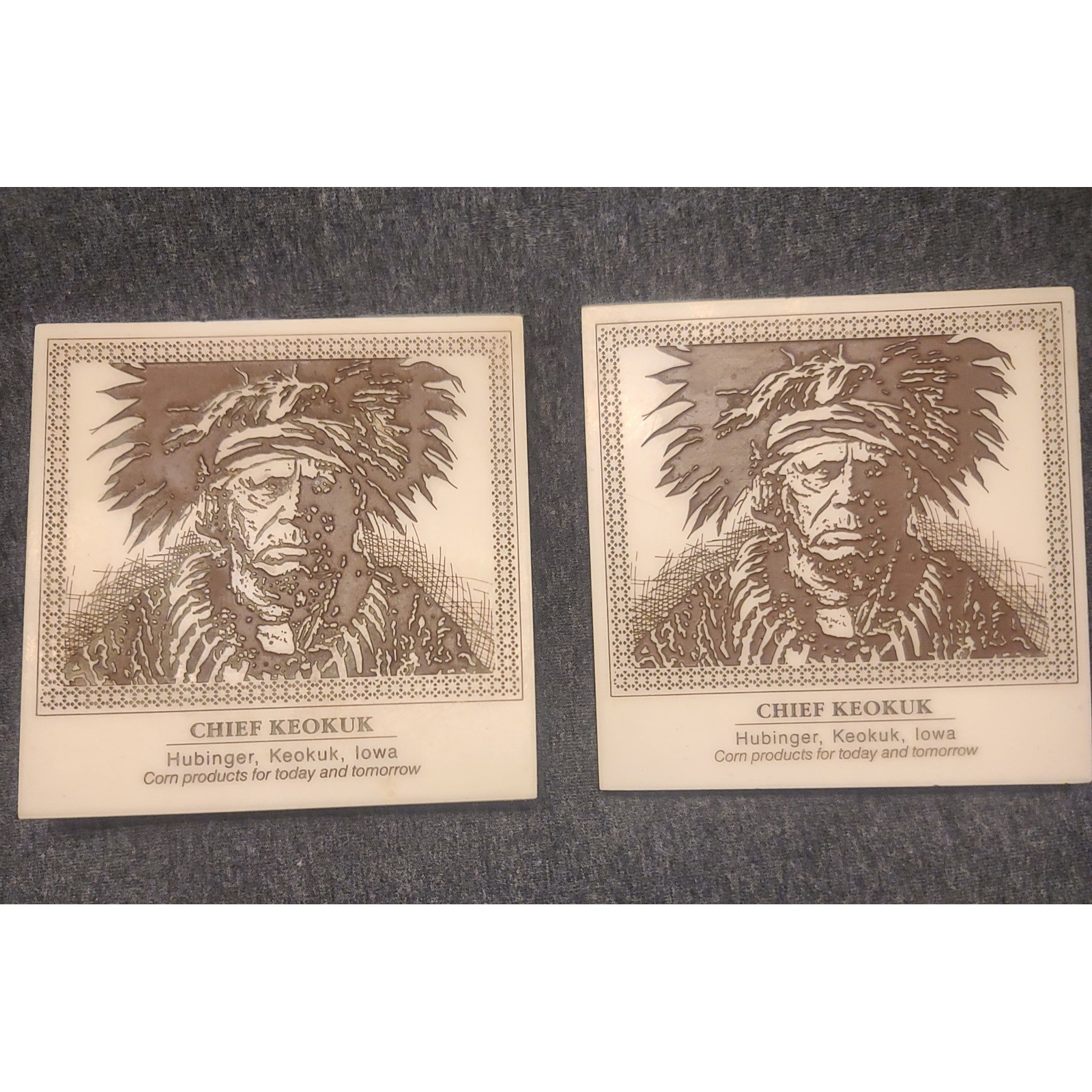 2 Vintage Chief Keokuk Hubinger indian Iowa Corn advertise 6x6 ceramic Tile 1973