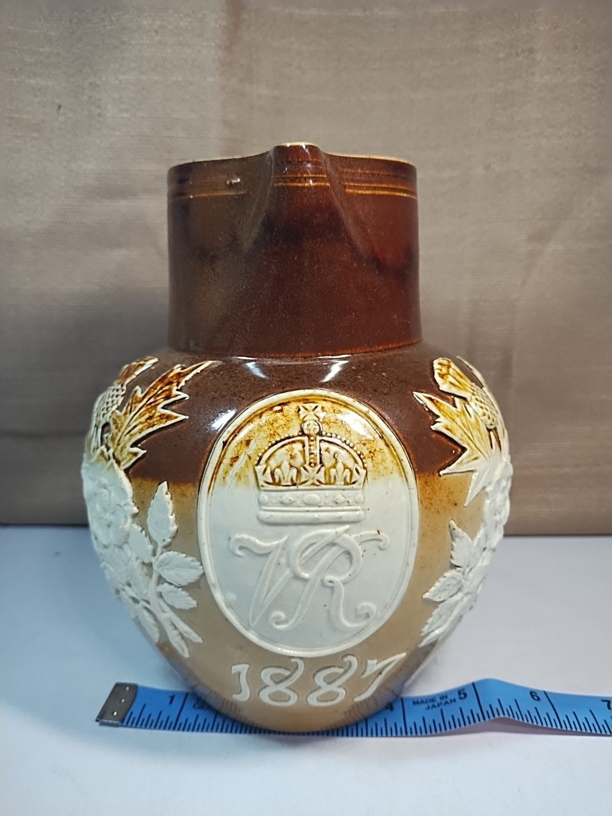 Queen Victoria Golden Jubilee Doulton Lambert Pitcher 1887 7 1/2\ Queen Victoria Golden Jubilee Doulton Lambert Pitcher 1887 7 1/2\