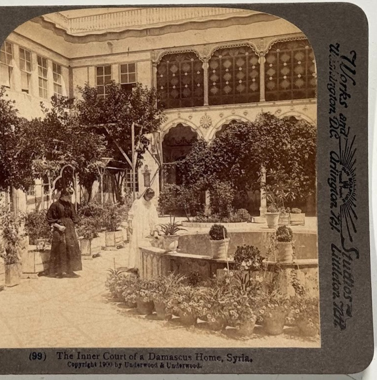 The Inner Court of a Damascus Home, Syria – Historic Vintage Stereoview Card