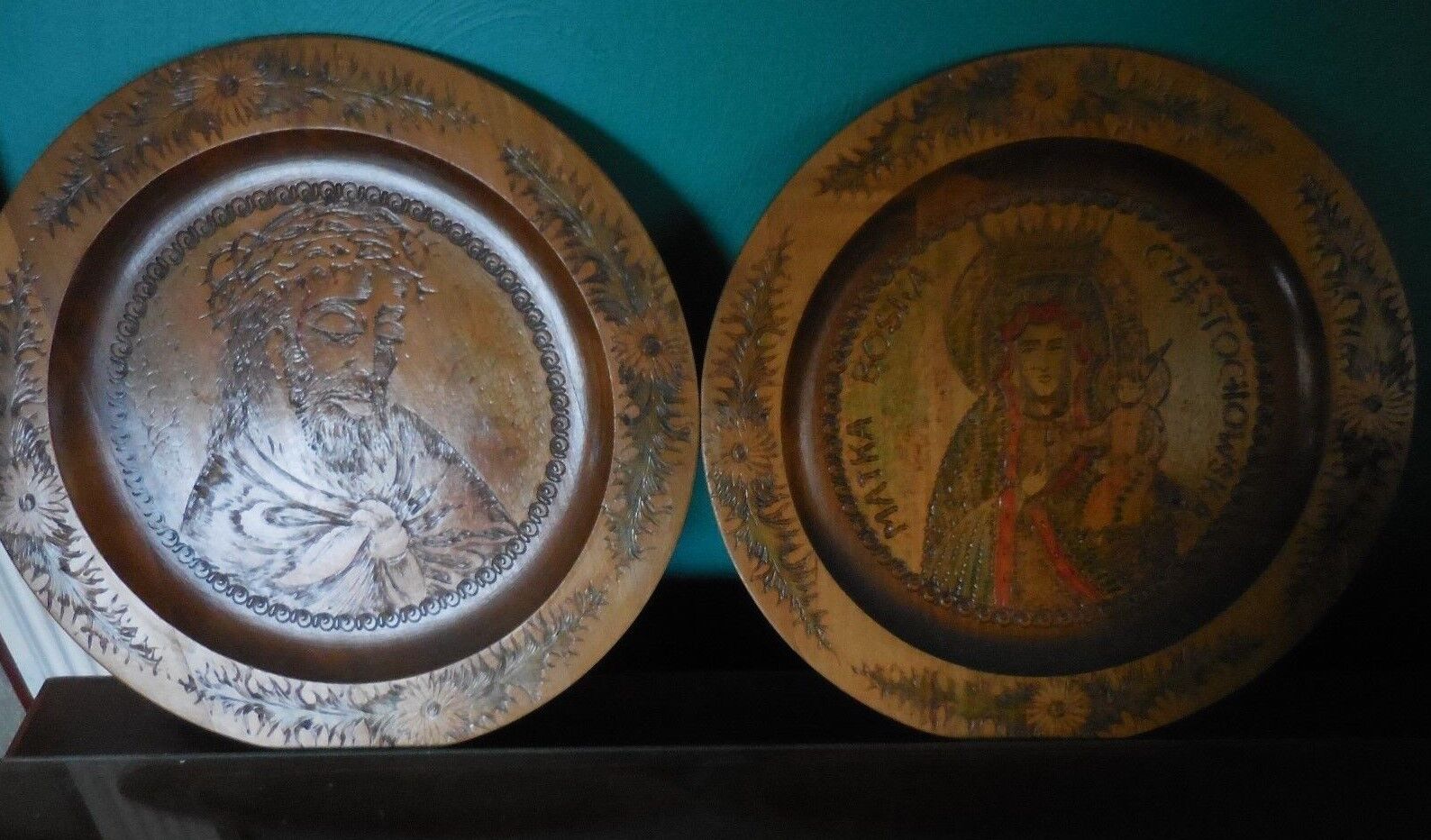 Jesus withThorns and Matka Boska Czestochowska Wood Carved Wall Plaques, 2 