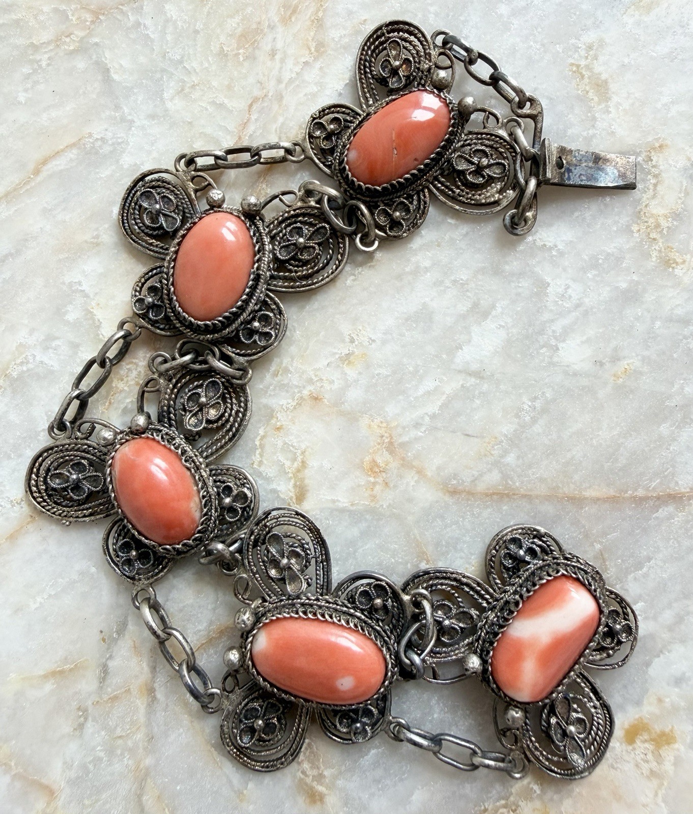 Lovely Antique Chinese Export Natural Coral Butterfly Silver Filigree Bracelet Lovely Antique Chinese Export Natural Coral Butterfly Silver Filigree Bracelet