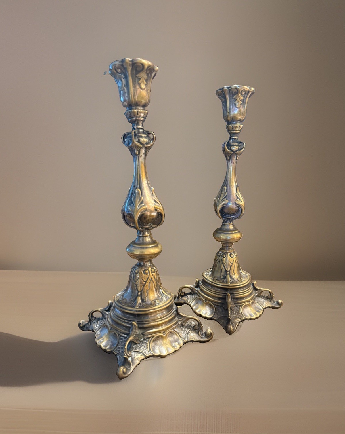 Vintage Pair Ornate Candlesticks 12” Rococo Style Candle Holders, Bronze-Tone