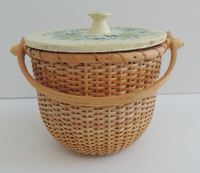Vintage Woven Handled Basket With Painted Lid McCann Brothers Seashore Beachcore