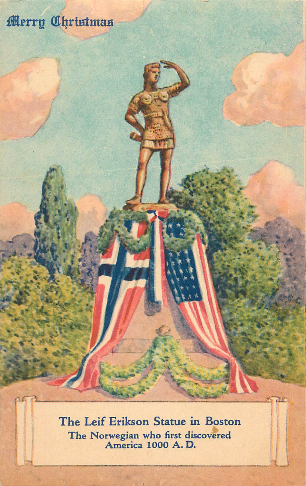 Christmas Postcard Leif Erikson Statue United States and Norwegian Flag