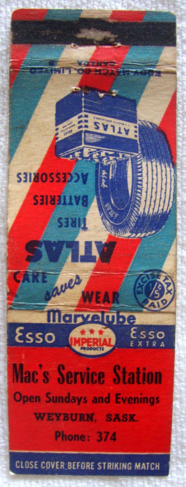 MAC'S ESSO SERVICE CENTER WEYBURN SASK   LOW PHONE 374  VINTAGE  MATCHBOOK COVER