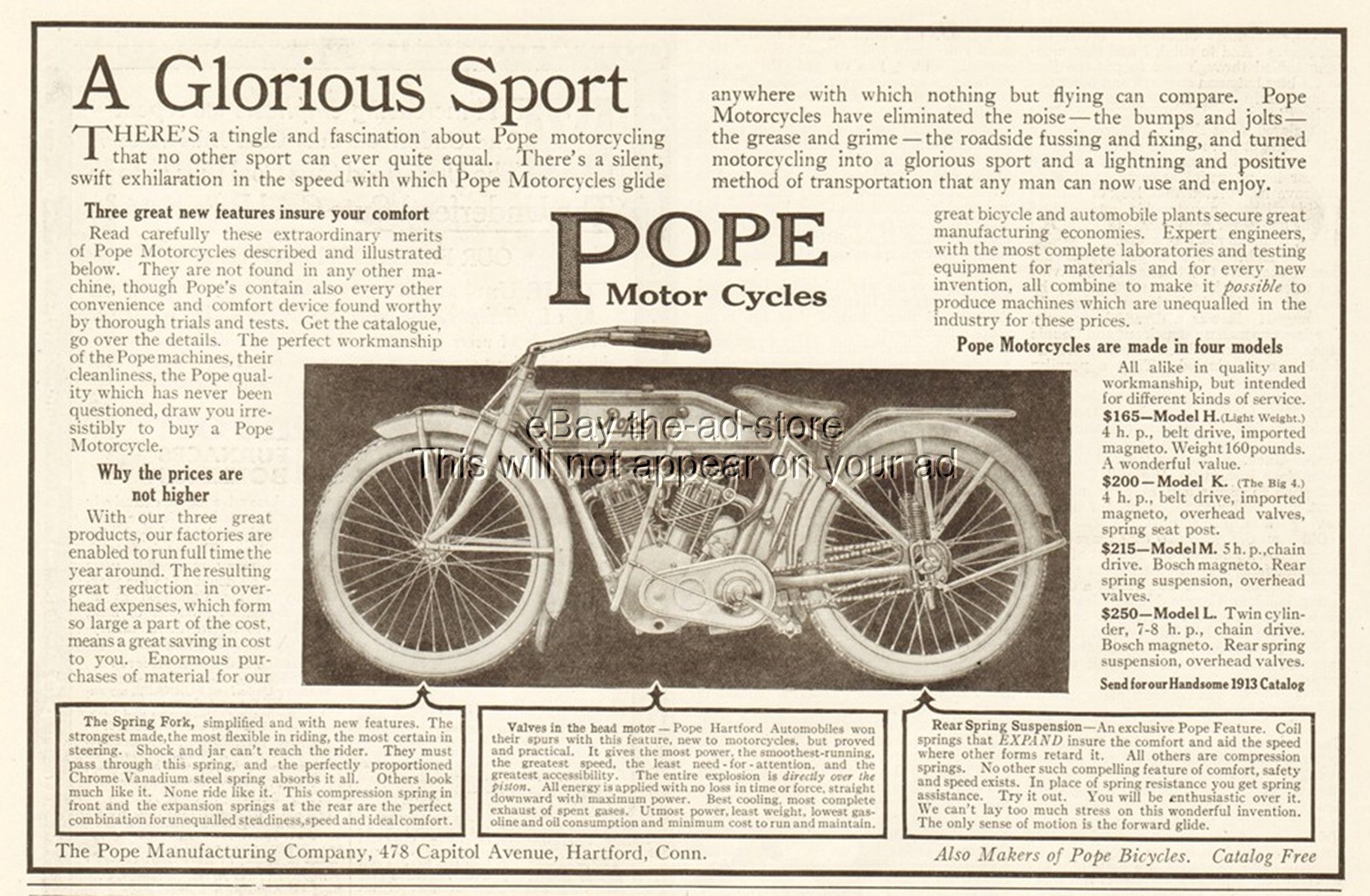 1913 Pope Motorcycle Original Print Ad Models H K L M Hartford CT Glorious Sport