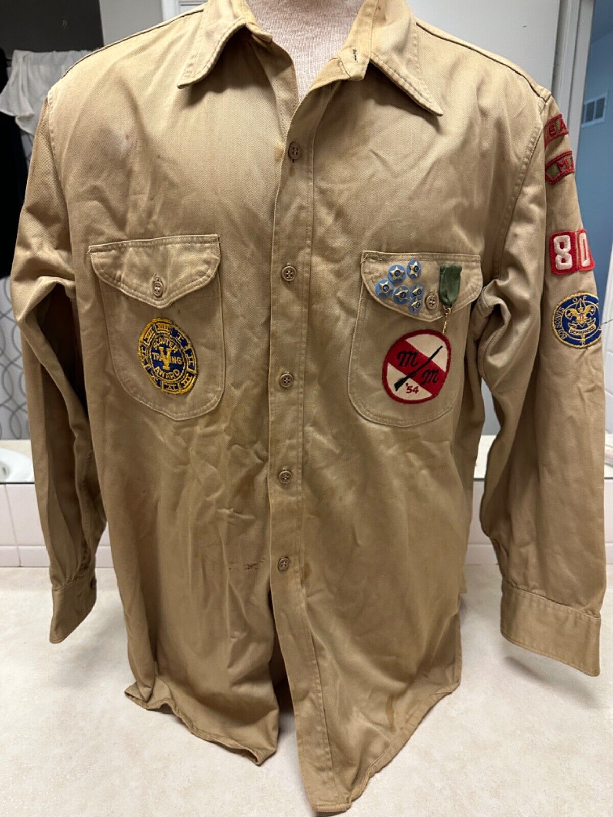 Vintage Lee Army Twills Khaki Uniform Shirt W/Kansas City Boy Scout Patches