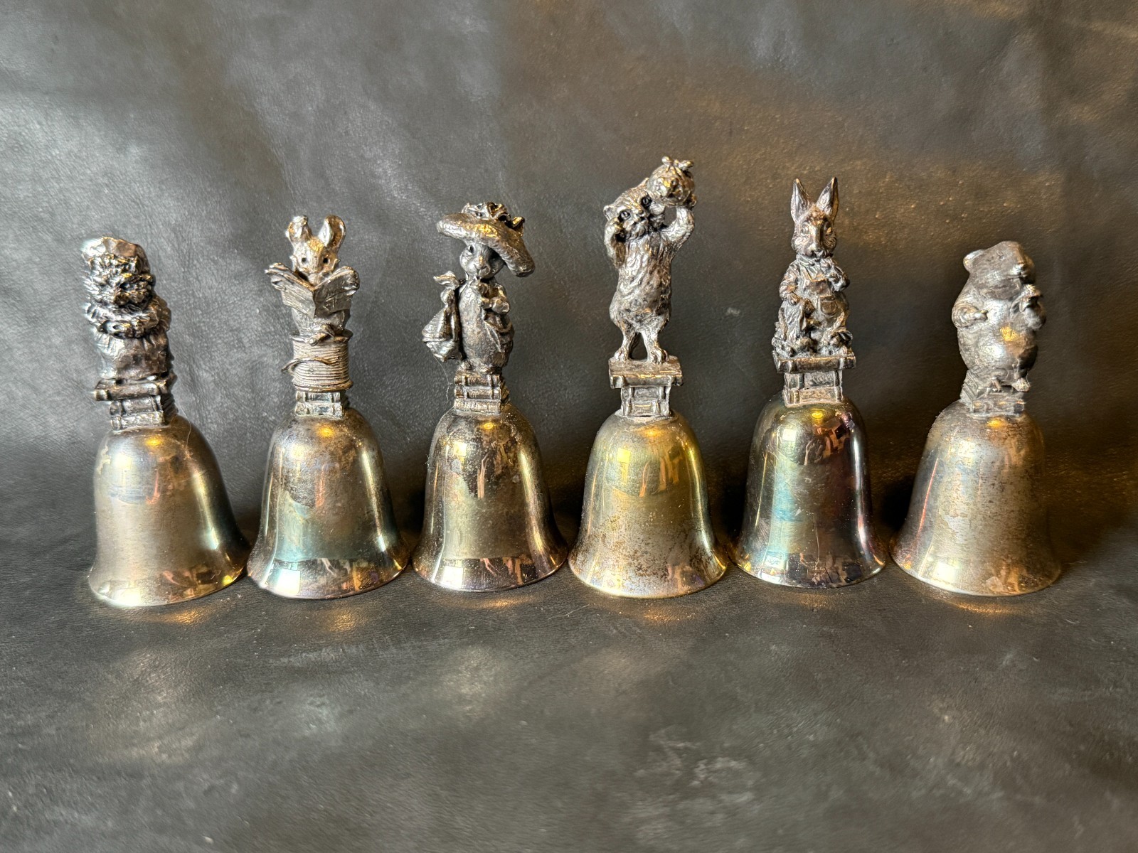 6 Vintage Beatrix Potter Silver Bells with clappers - New England collection