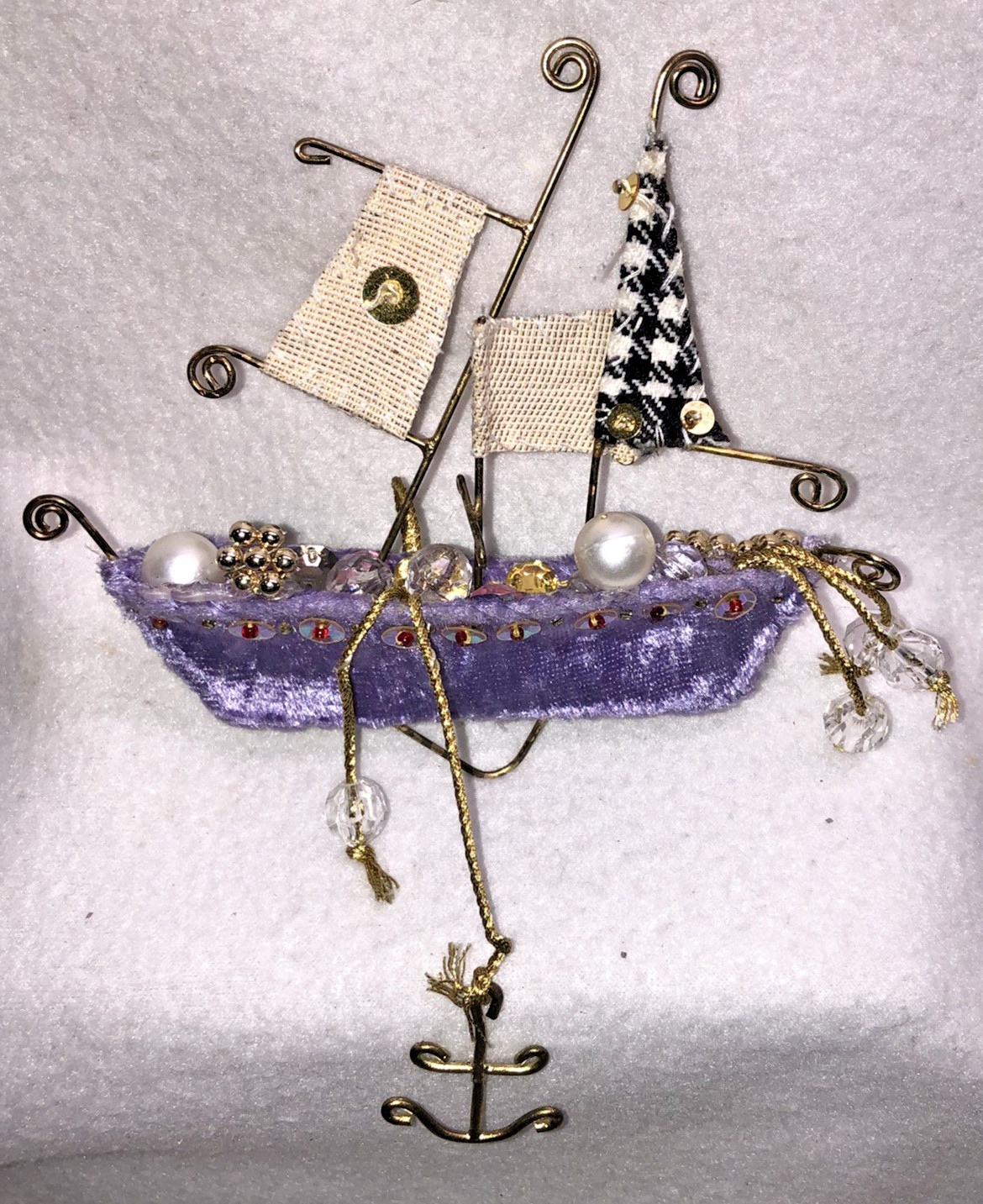 Pilgrim Imports Sailboat Ornament Velvet Fabric Sails Sequins Beads Mixed Metal
