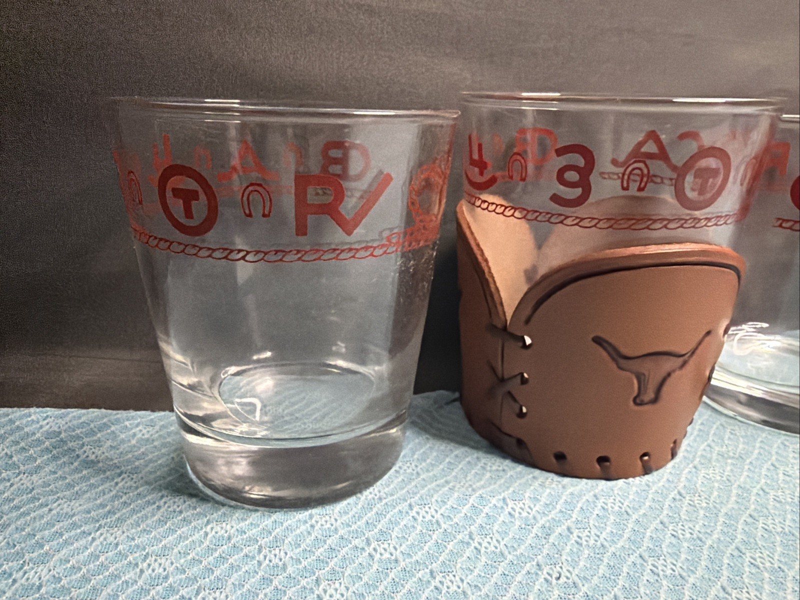 6 Vintage Libbey Bamco Western Whiskey Glasses Leather Longhorn 3 With Sleeves 6 Vintage Libbey Bamco Western Whiskey Glasses Leather Longhorn 3 With Sleeves