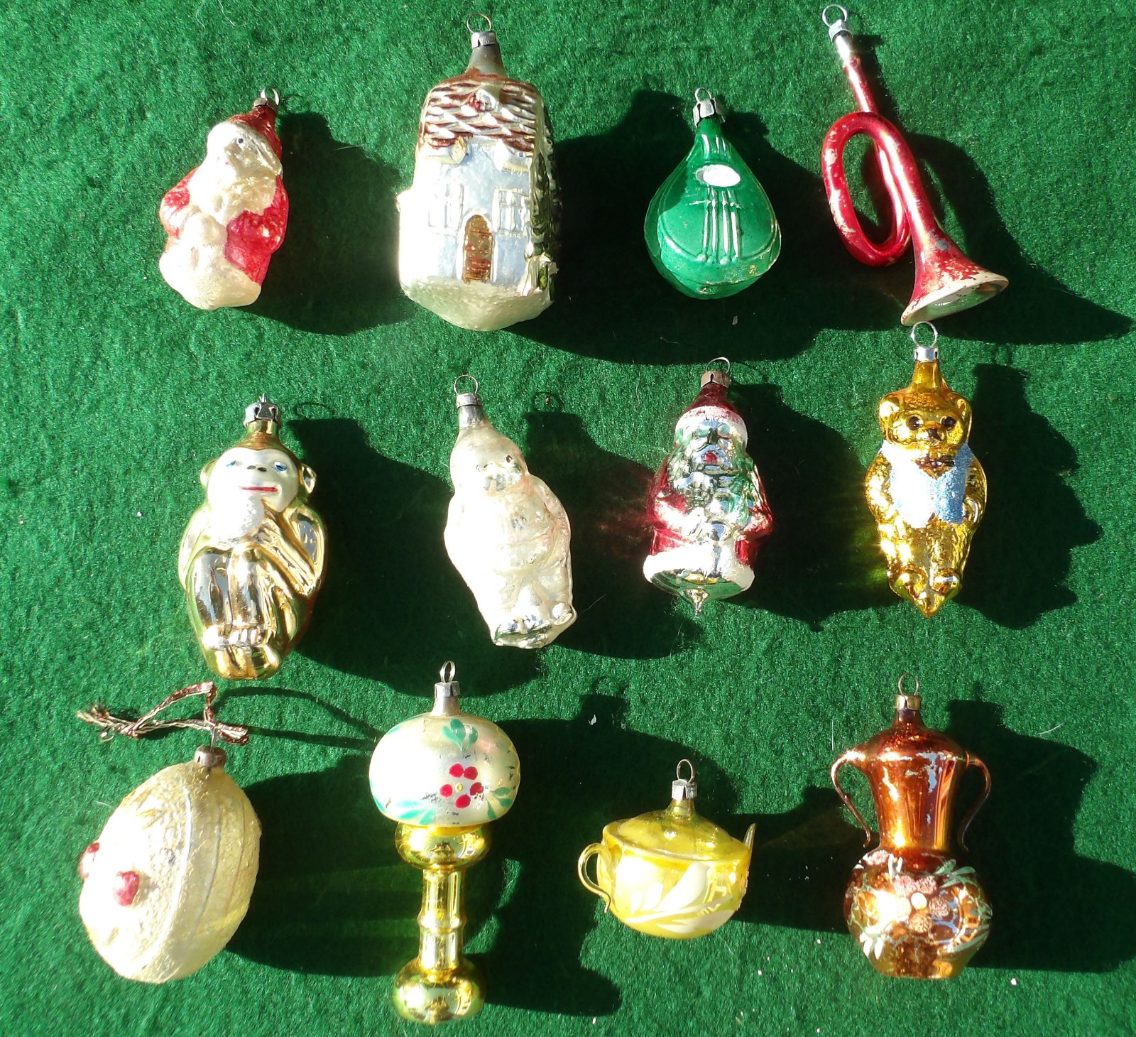 12 Vintage Figural Mercury Glass Christmas Ornaments