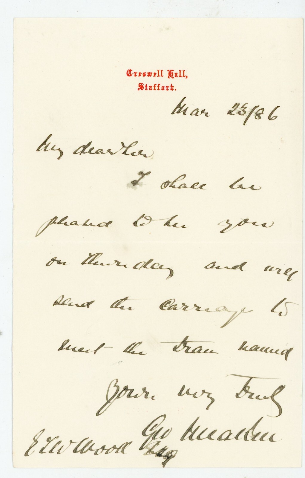 1886 Cresswell Hall Stafford England Letter Geo Meakin Carriage Pickup Signed