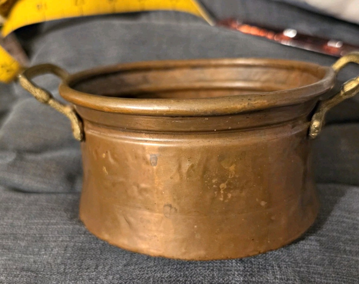 Antique 19thC Copper Cachepot Dovetail Cramp Seam Brass Handles Hand Hammered