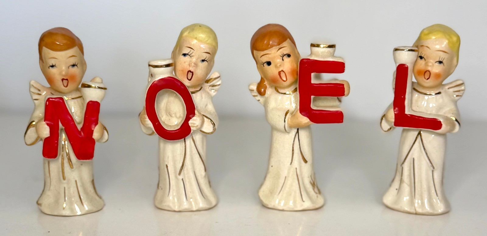 MCM 1950s Christmas Porcelain Mini Angel N-O-E-L Figurine Candle Holders Set 4\
