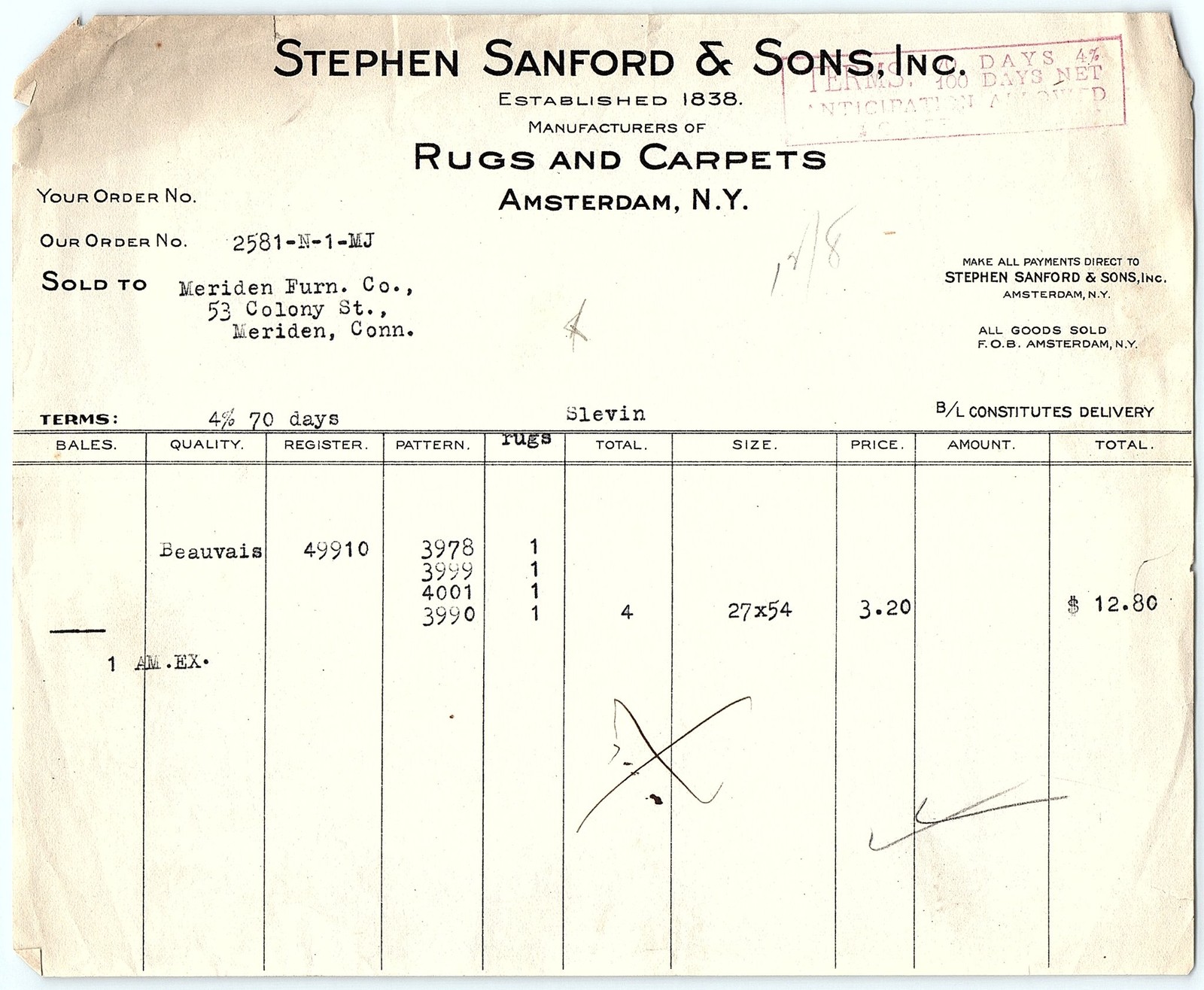 1928 Stephen Sanford & Sons Rugs & Carpets Billhead