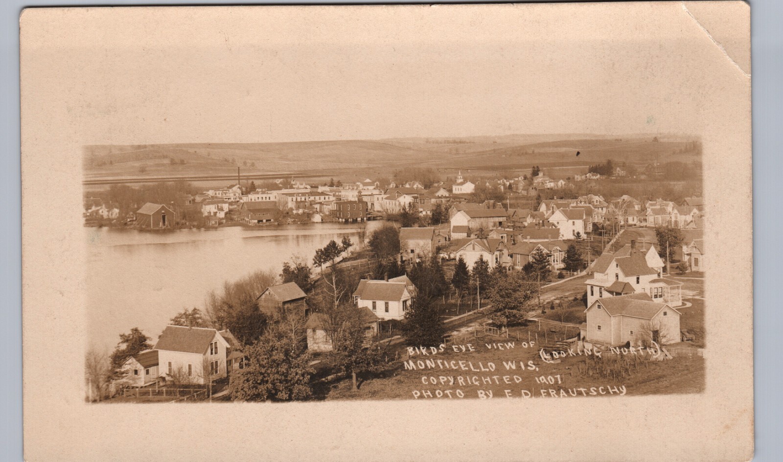 BIRD'S EYE VIEW c1920 monticello wi real photo postcard rppc wisconsin history