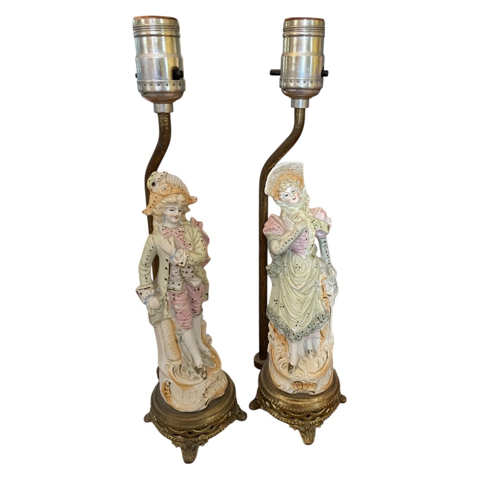 Vintage Table Boudoir Lamps Figural Victorian Man Woman Porcelain 14.5\