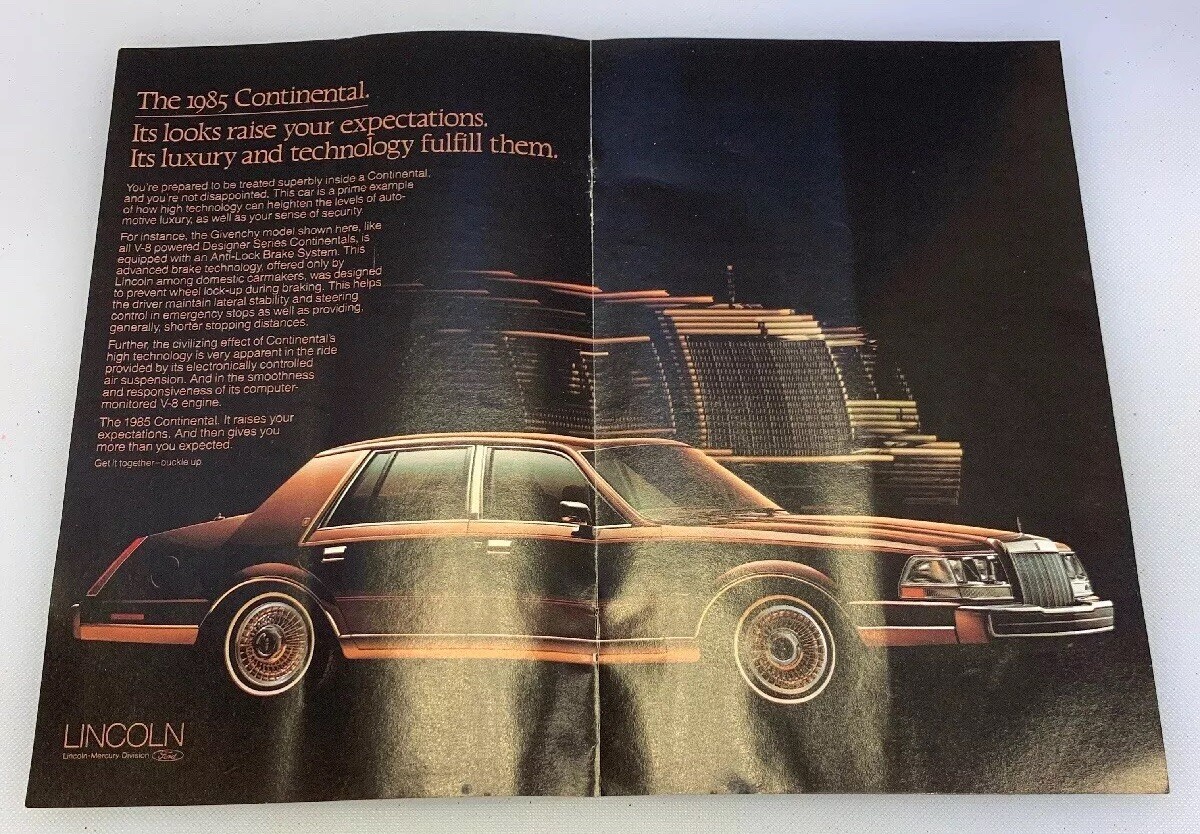 1985 Lincoln Continental 2 Page Advertisement Ad Print Art Car 9” x 11”