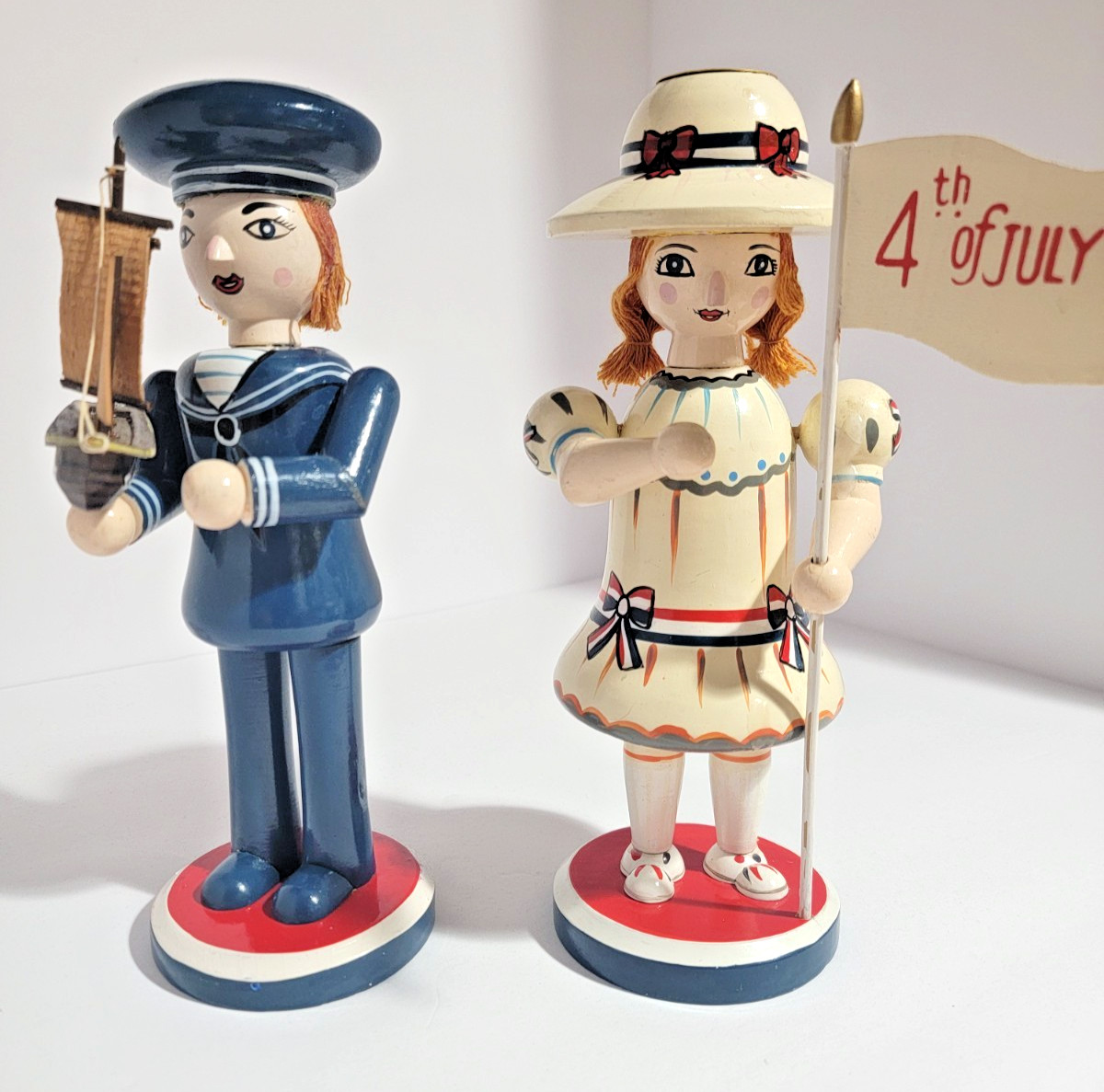 Vintage Hand painted Wooden Patriotic Americana Folk Art Taper Candle Holder Set