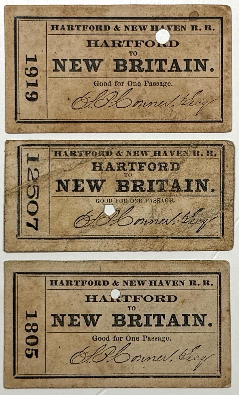 1869 HARTFORD TO NEW BRITAIN CONNER RAILROAD PASSAGE TICKETS CONNECTICUT LOT 3