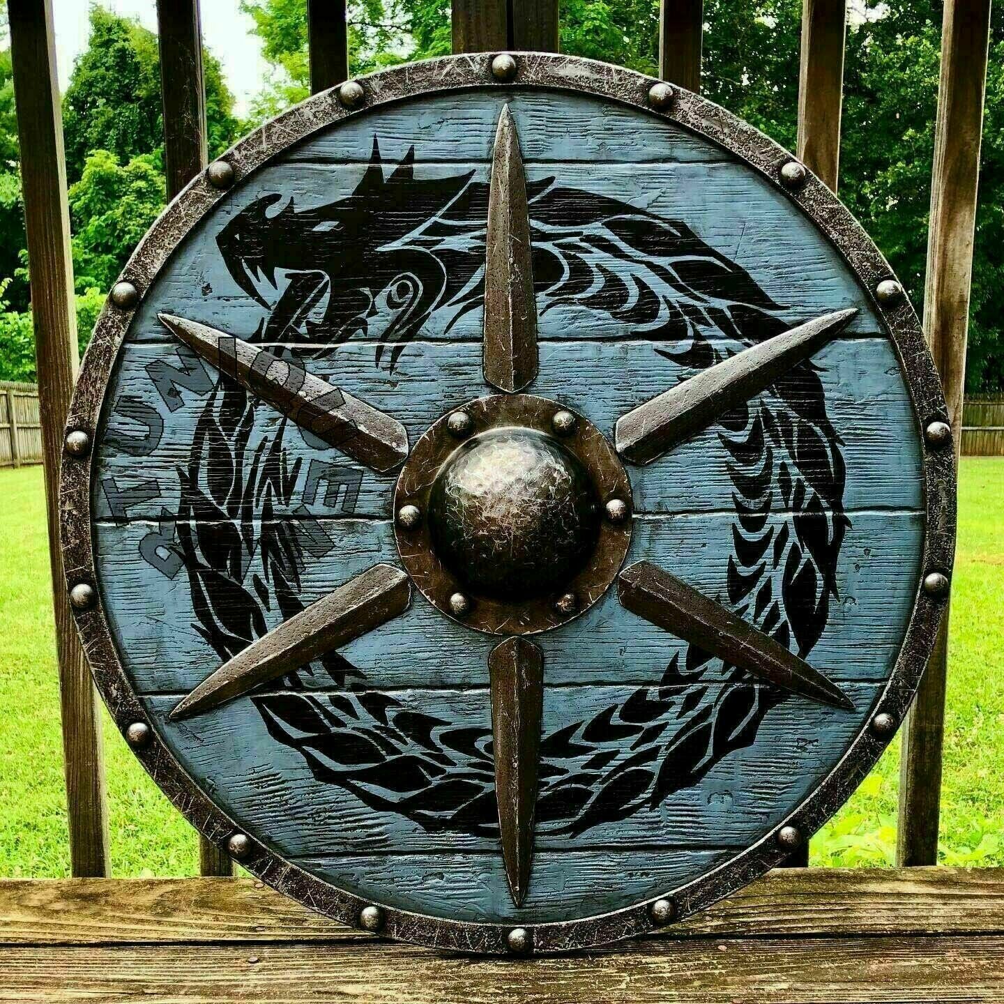 Christmas Viking Runes Helm of Awe Aegishjalmur Pattern Wooden Round Shield LARP