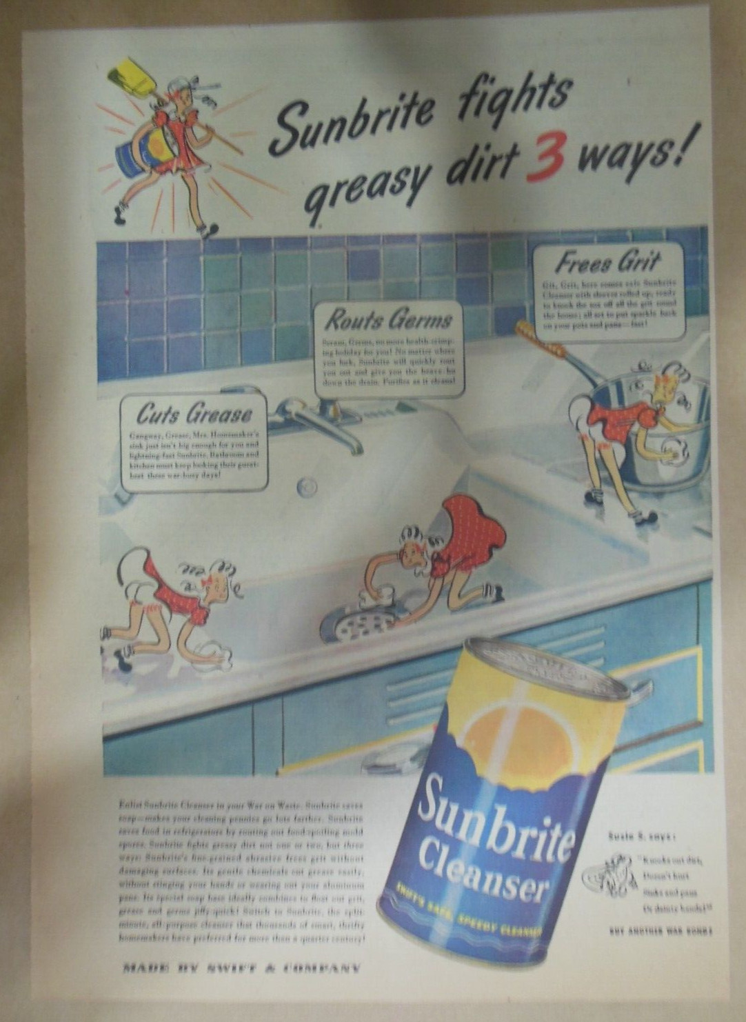 Sunbrite Cleanser Ad: Cleans 3 Ways  from 1940\'s Size: 11 x 15 in